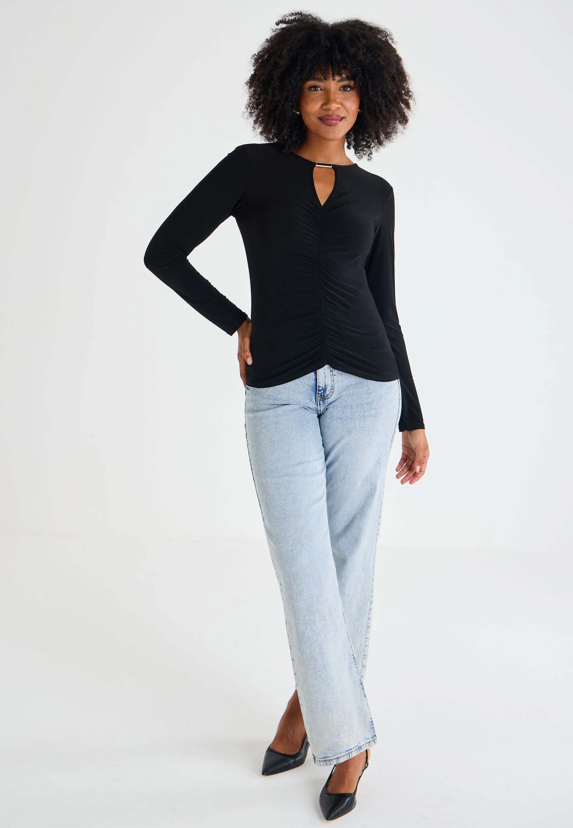 Womens Black Keyhole Detail Ruched Top