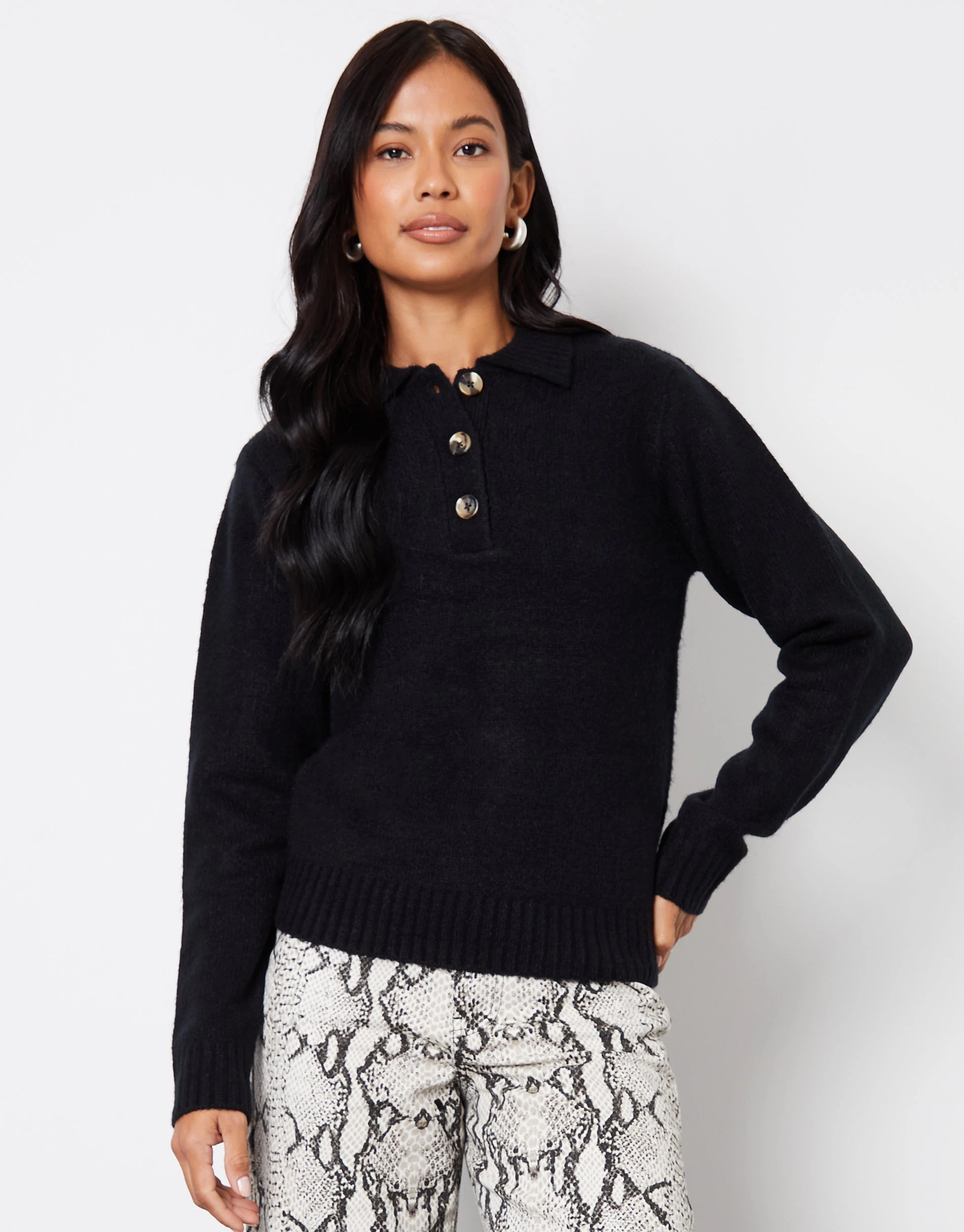 Women's Black Knitted Long Sleeve Polo Jumper