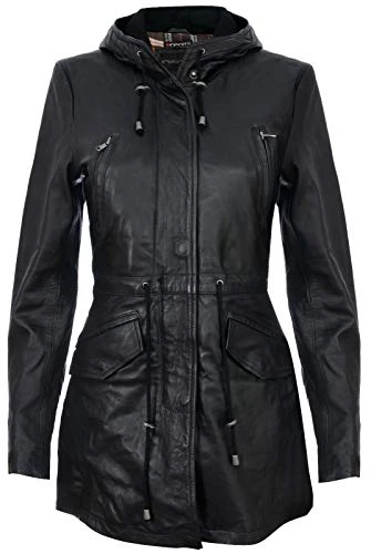 Women's Black Leather Hooded Parker Jacket Multi-Pocket Trench Coat M