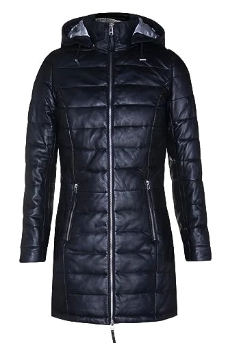 Women's Black Leather Puffer Jacket Quilted Overcoat Hooded Trench Parka Coat XS