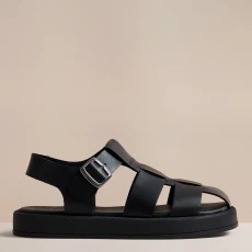 Womens Black Naomi Leather Flat Sandal