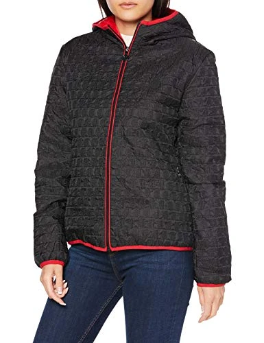 Women's Black Padded Desiguay Lightweight Jacket Textured with Red Trim M