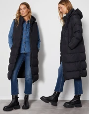 Women's Black Padded Longline 2-in-1 Puffer Jacket with Detachable Sleeves