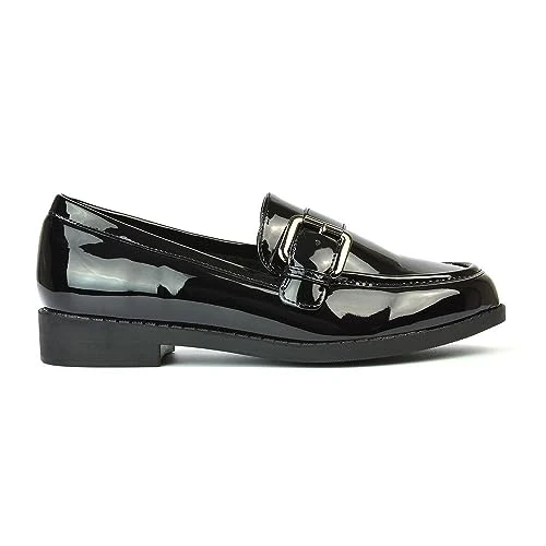 Womens Black Patent Slip On Loafers Ladies Flat Low Heel Close Toe Buckle Casual Office Work School 