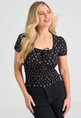 Womens Black & Pink Ditsy Shirred Top