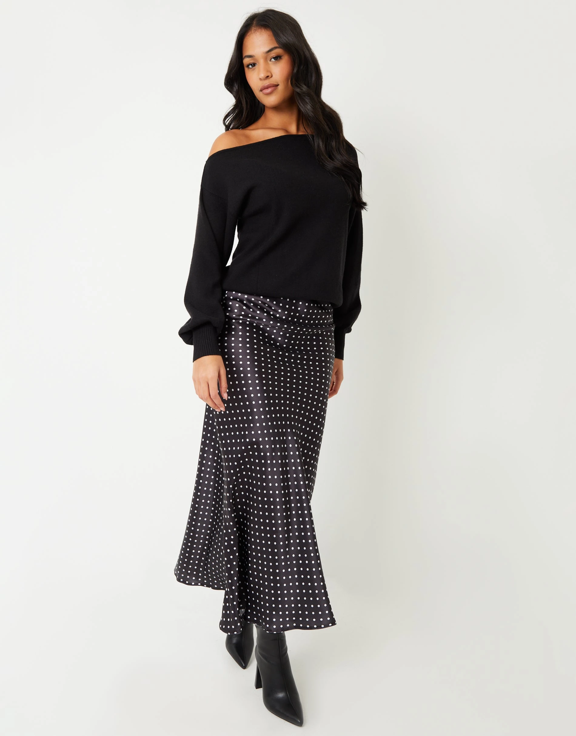 Women's Black Polka Dot Print Maxi Satin Slip Skirt