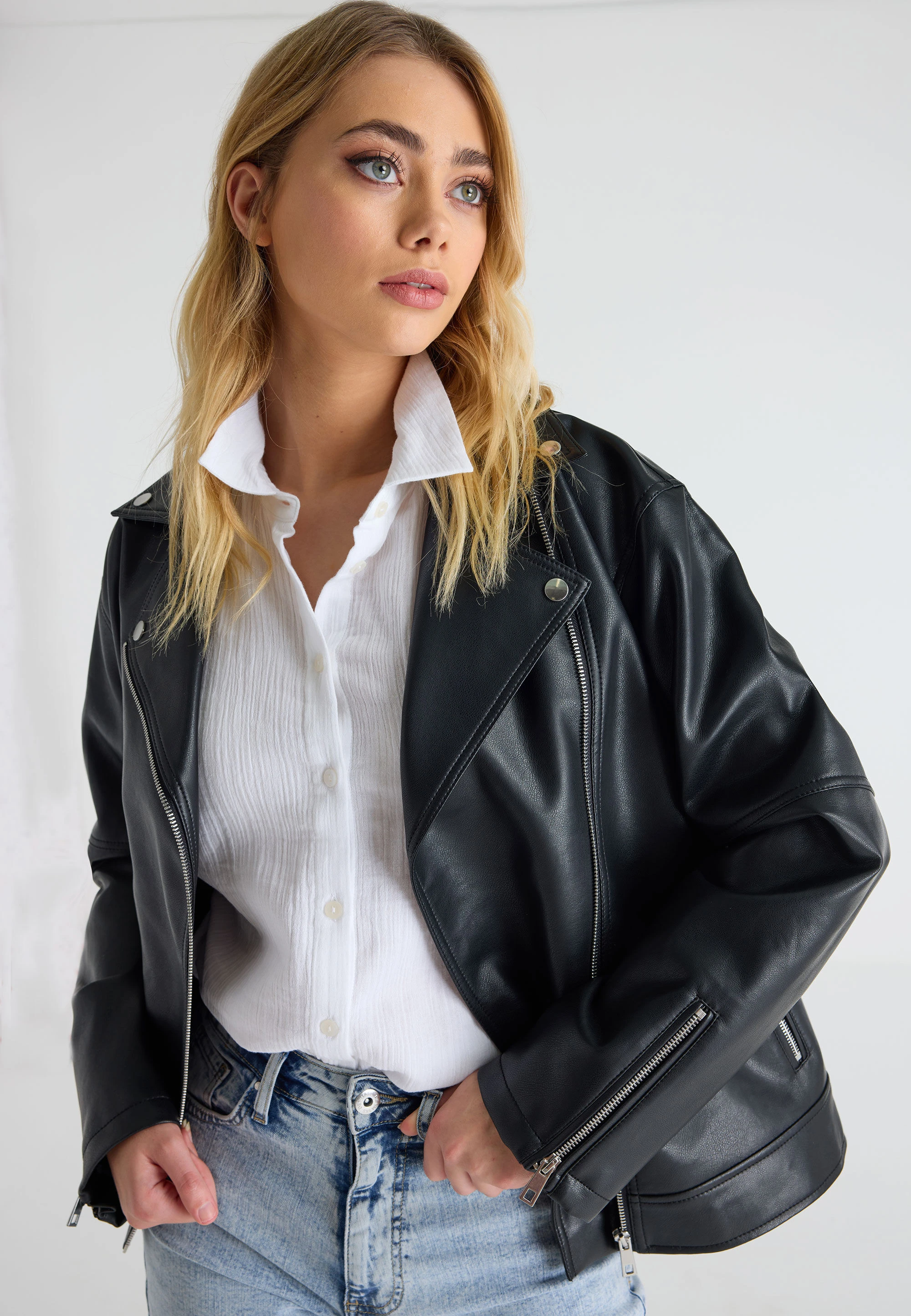 Womens Black PU Oversized Biker Jacket
