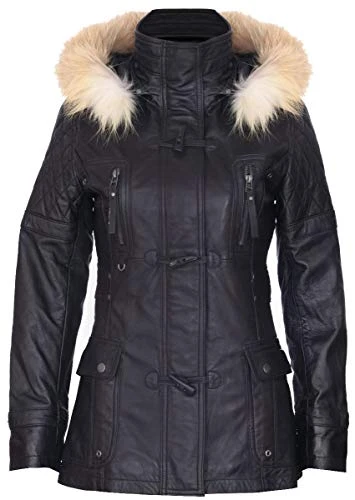 Women's Black Quilted Leather Parka Jacket with Detachable Hood XL