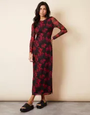 Women's Black & Red Floral Print Long Sleeve Mesh Midi Dress