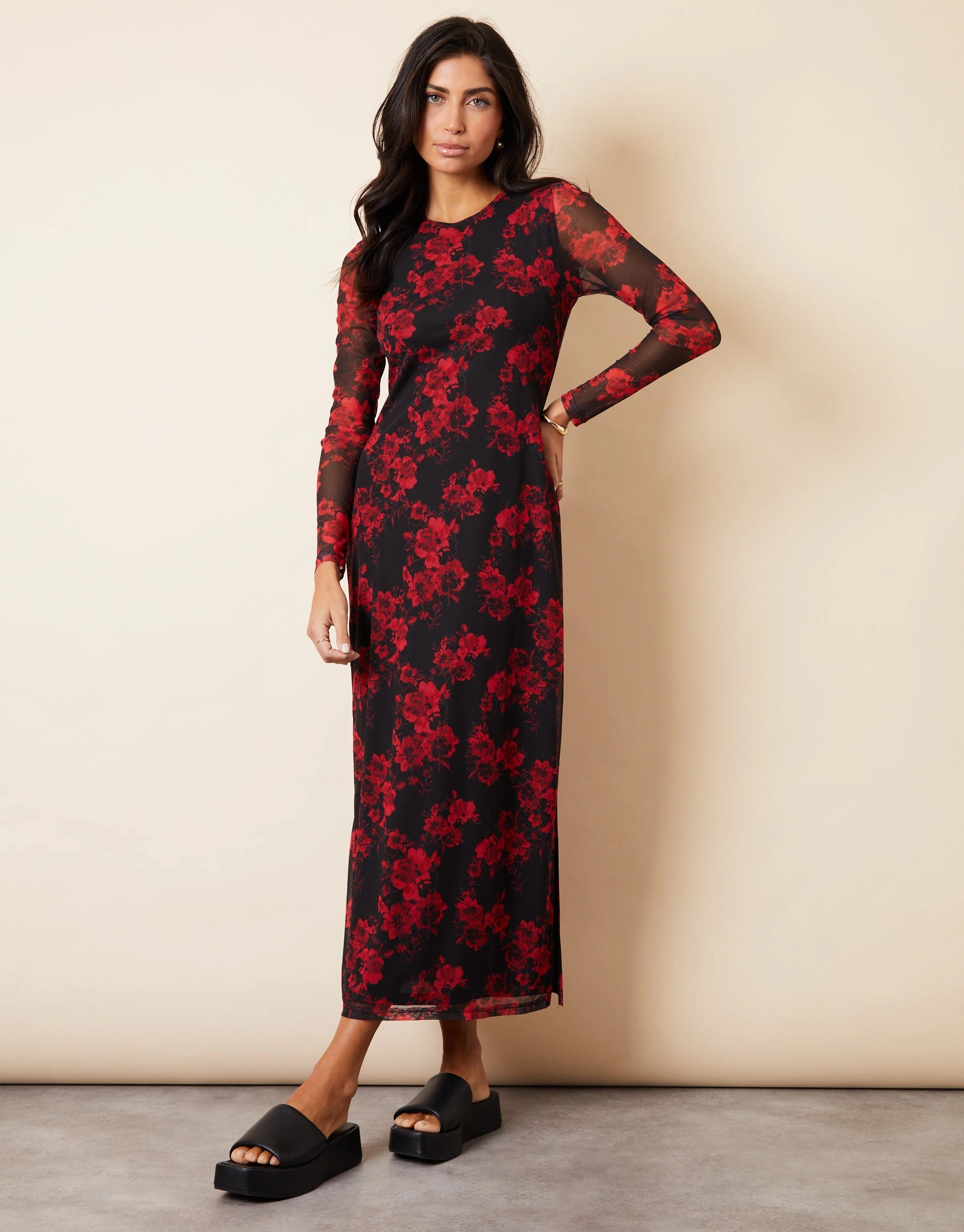 Women's Black & Red Floral Print Long Sleeve Mesh Midi Dress