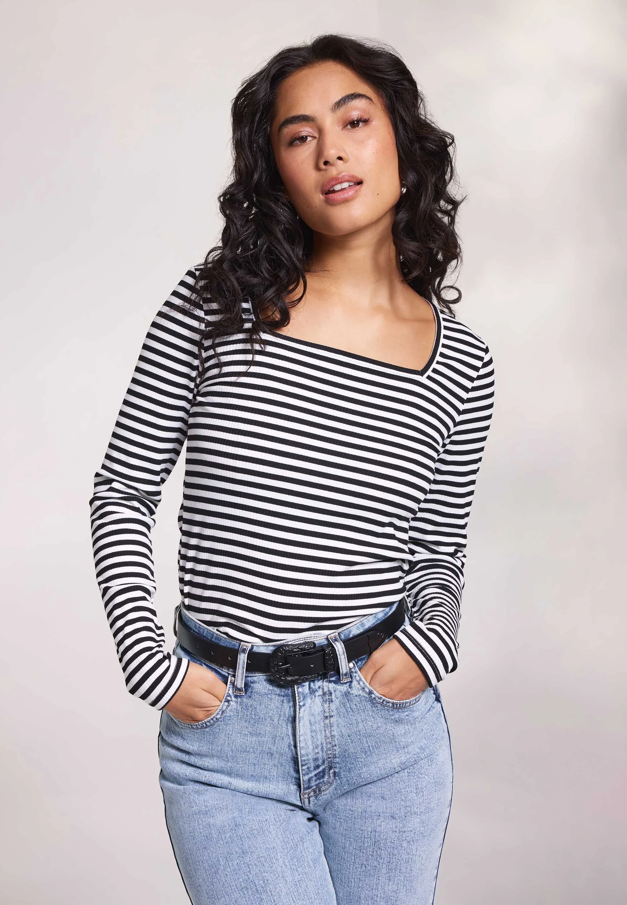 Womens Black Stripe Square Neck Top