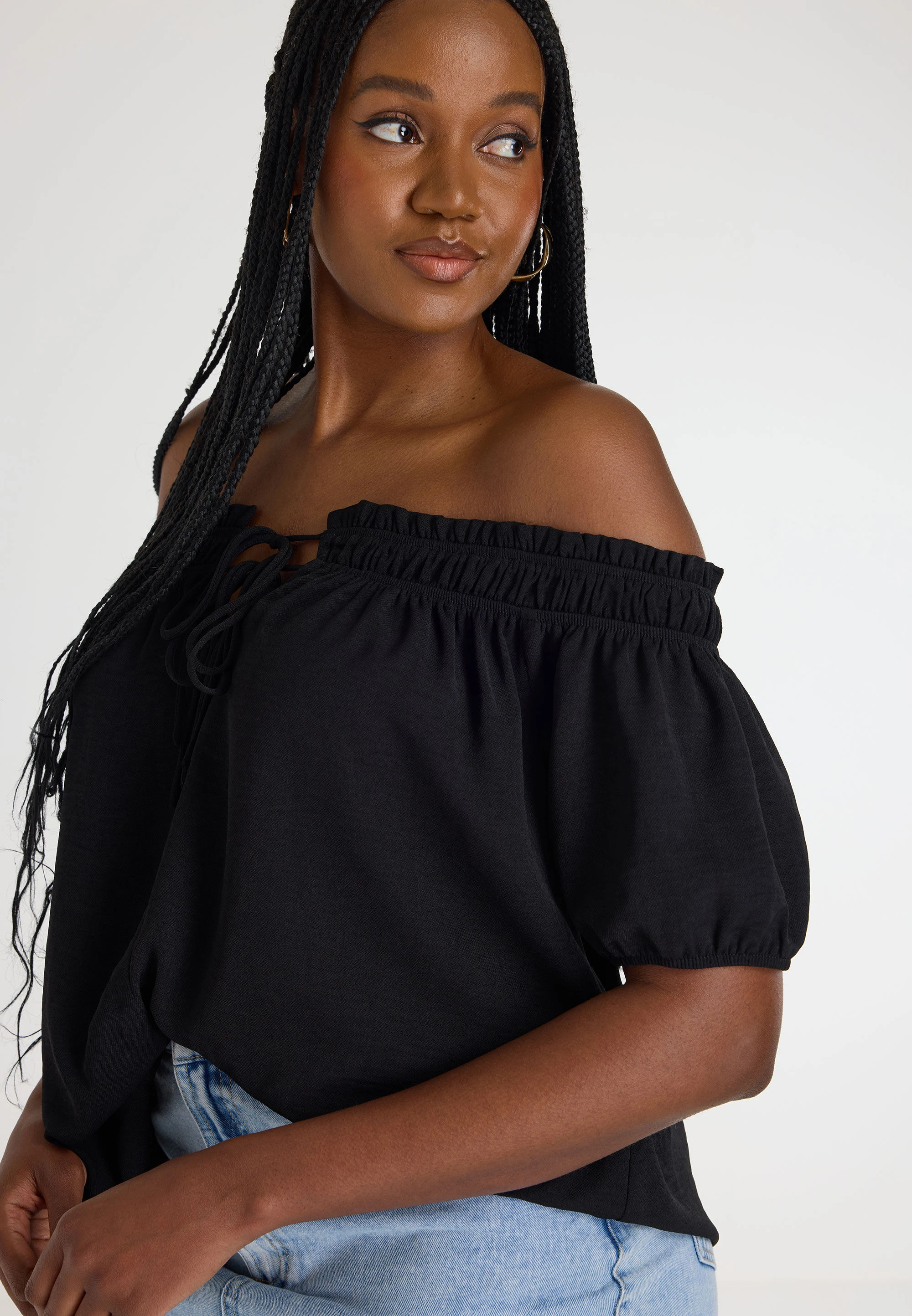 Womens Black Tie Detail Bardot Top