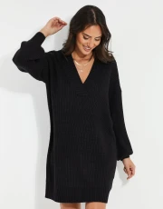 Women's Black V-Neck Knitted Jumper Dress