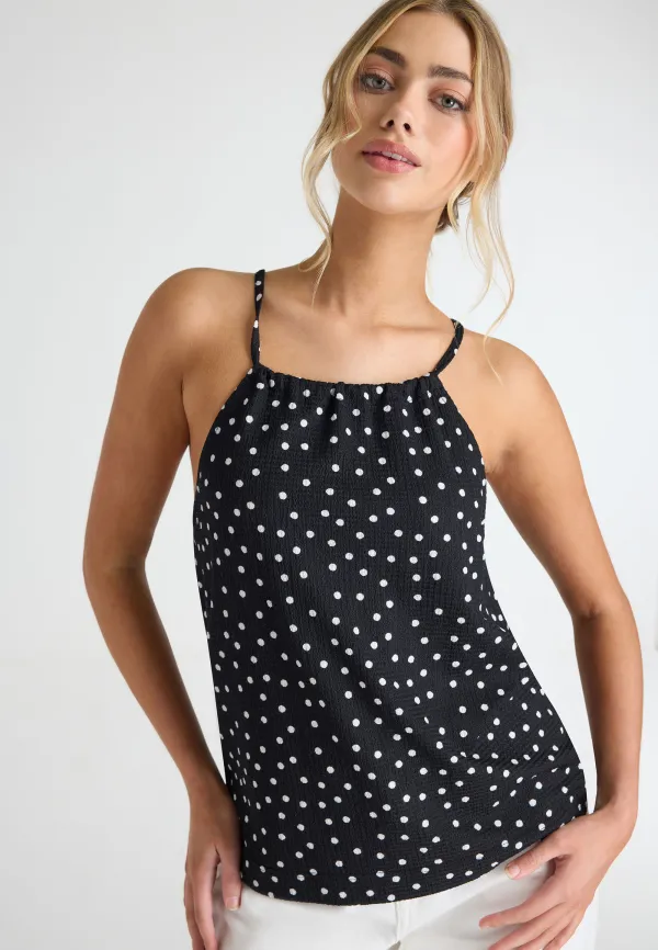 Womens Black & White Polka Dot Halter Neck Top