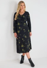 Womens Black & Yellow Floral Print Midi Dress