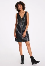 Womens Black Zip Up PU Pinny Dress