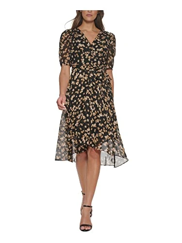 Womens Black Zippered Floral Short Sleeve Surplice Neckline Midi Faux Wrap Wear to Work Dress UK Size: 10