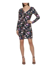 Womens Black Zippered Ruched Lined V Back Sheer Floral Long Sleeve V Neck Above The Knee Evening Body Con Dress UK Size: 18 Womens Black Zippered Ruched Lined V Back Sheer Floral Long Sleeve V Neck Above The Knee Evening Body Con Dress UK Size: 18