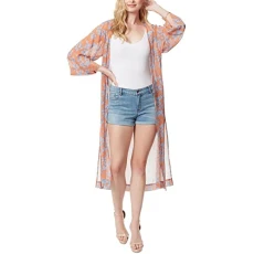 Womens Blakely Floral Open Front Kimono, Orange, XS Womens Blakely Floral Open Front Kimono, Orange, XS
