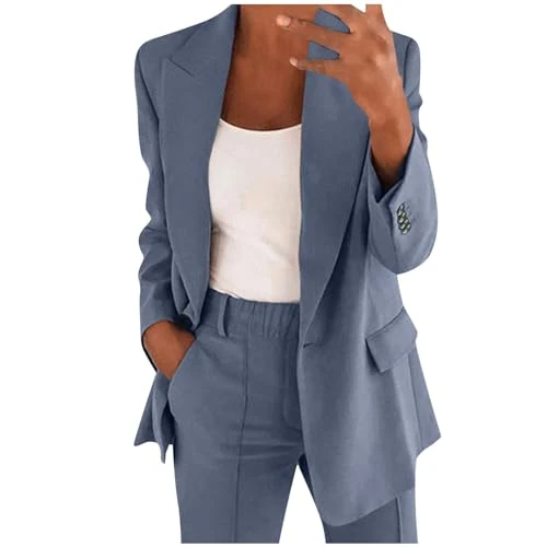Women's Blazer Elegant Suit Set 2-Piece Slim Fit Blazer Trousers Outfit Casual Sporty Leisure Suit Fashion Lapel Long Blazer Long Trousers Tracksuit Cotton Plain Streetwear Business, blue, 3XL