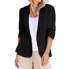 Womens Blazer Size 8-22 Cotton Linen Suit Jacket 3/4 Ruched Sleeve Lapel Blazers Open Front Office Work Business Casual Blazer Pockets Ladies Lightweight Outwear Dressy Tops