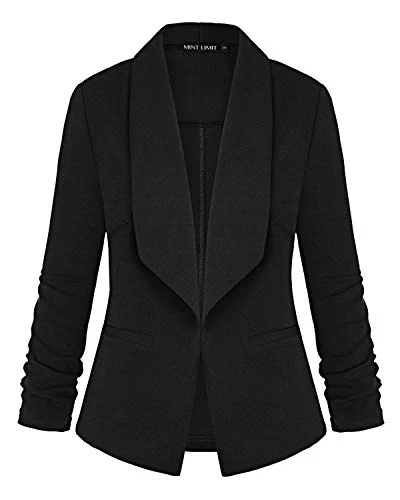 Womens Blazer Work Jacket Long Ruched Sleeve Open Front Casual Office Blazers(Black M)