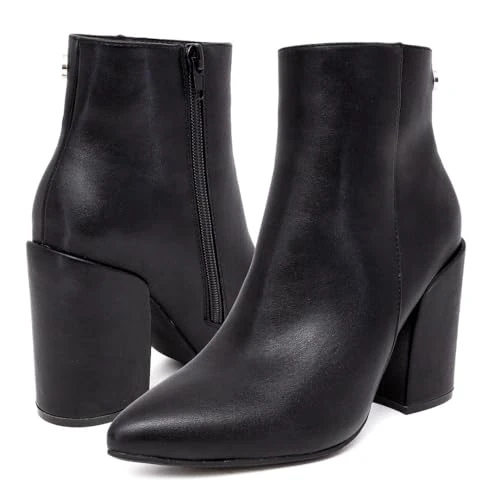 Women's Block Heel Ankle Bootie Pointed Toe Mid Side Zipper Winter Boot-Yeva-Black Size-10