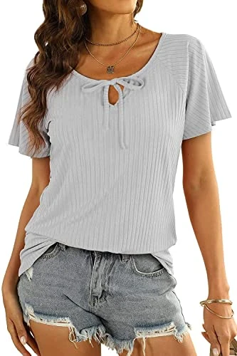 Women's Blouse Casual Elegant T-Shirt Short Sleeve Summer Solid Short Tops Tunic Tops, gray, XXL