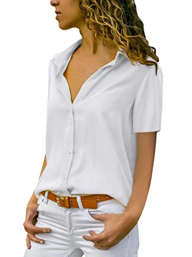 Womens Blouse Casual V Neck Short Sleeve Button Shirts Solid Color Summer T Shirt Tunic Tops D White