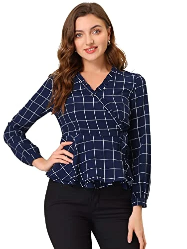 Women's Blouse Plaid Long Sleeve Cinched Tie Waist Ruffle Work Office Shirt Wrap Peplum Tops Navy Bl