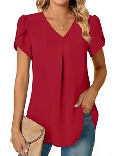 Women's Blouse Summer Elegant V-Neck Shirt Women's Short Sleeve Tunic Shirt Top Flowy Ruffle Sleeve 