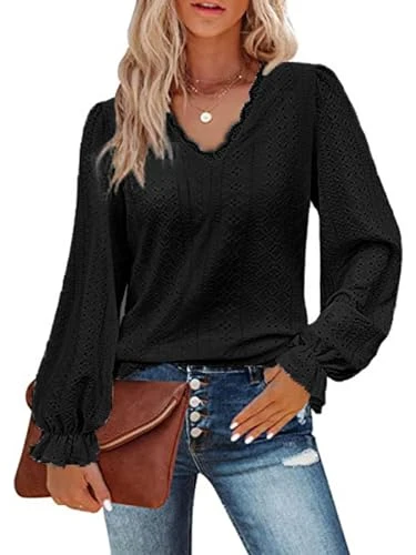 Women's Blouse with V Neck Long Sleeve Elegant Long Sleeve Pullover Tunic Casual Tops Puff Sleeves B