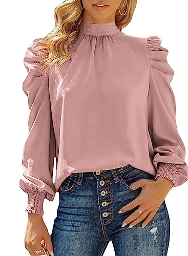 Women's Blouses Elegant Puff Sleeve Turtleneck Ruffle Chiffon Shirts Casual Loose Womens Blouses Spr