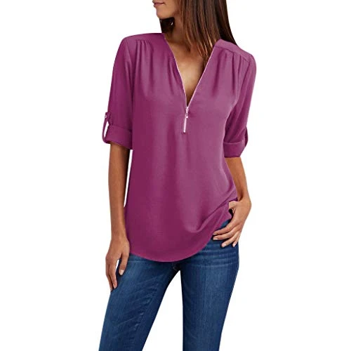 Womens Blouses Ladies Tops Button Ladies Clothing Loose Shirt Chiffon Zipper Long Sleeves Plus Size 