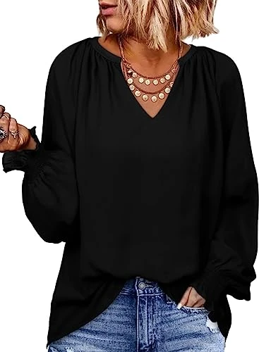 Womens Blouses Smocked Puff Long Sleeve Women's Shirts V Neck Casual Chiffon Ladies Tops Black 2XL U