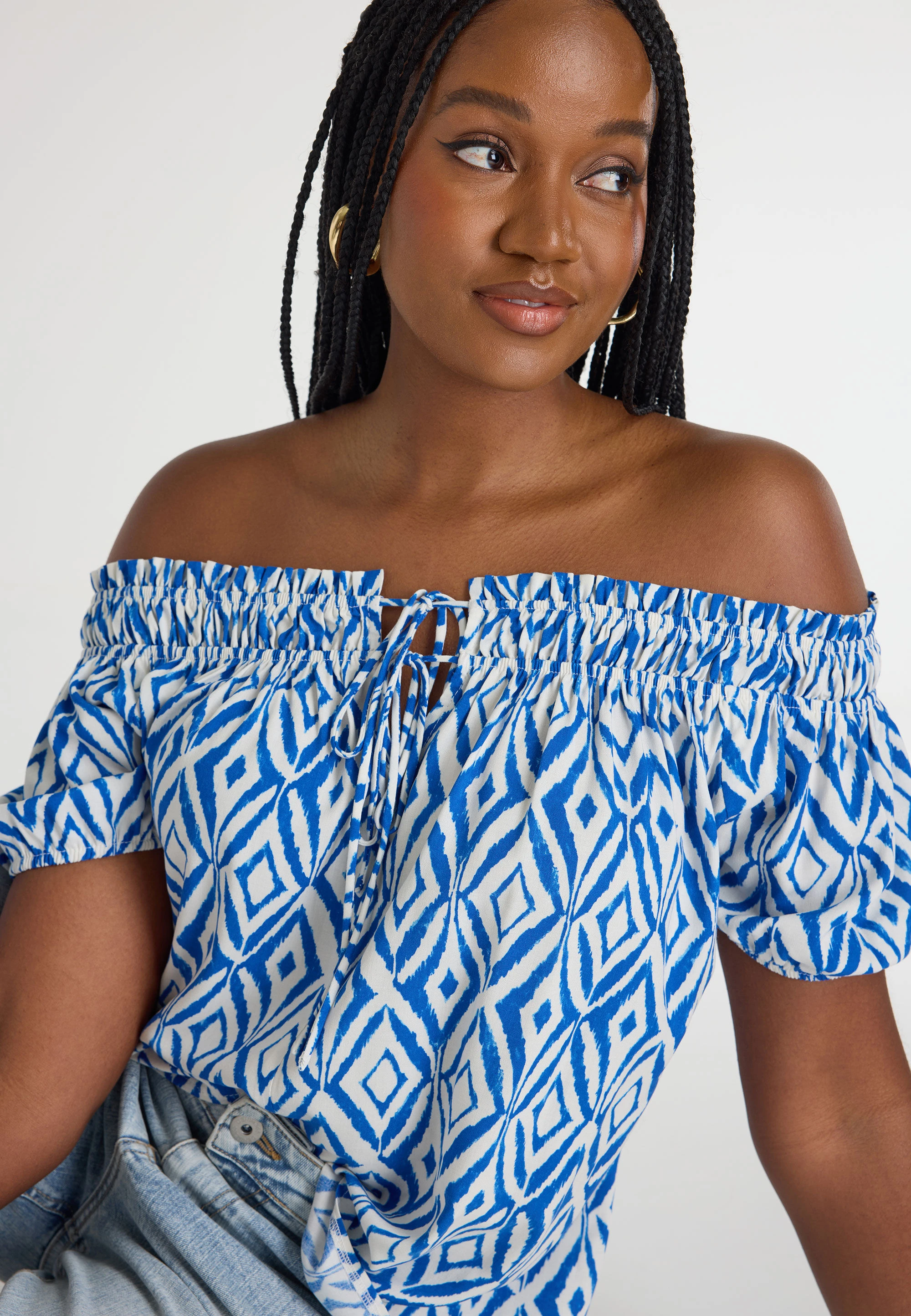 Womens Blue Aztec Tie Detail Bardot Top