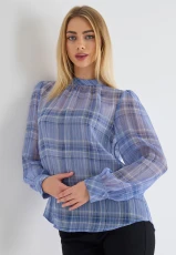 Womens Blue Check High Neck Blouse