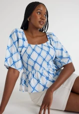 Womens Blue Check Print Smock Top