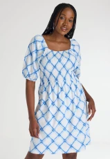 Womens Blue Check Shirred Bodice Dress