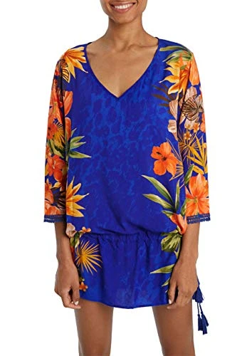 Women's Blue Corcega Tropical Kaftan Summer Beach Dress Floral 3/4 Sleeve S