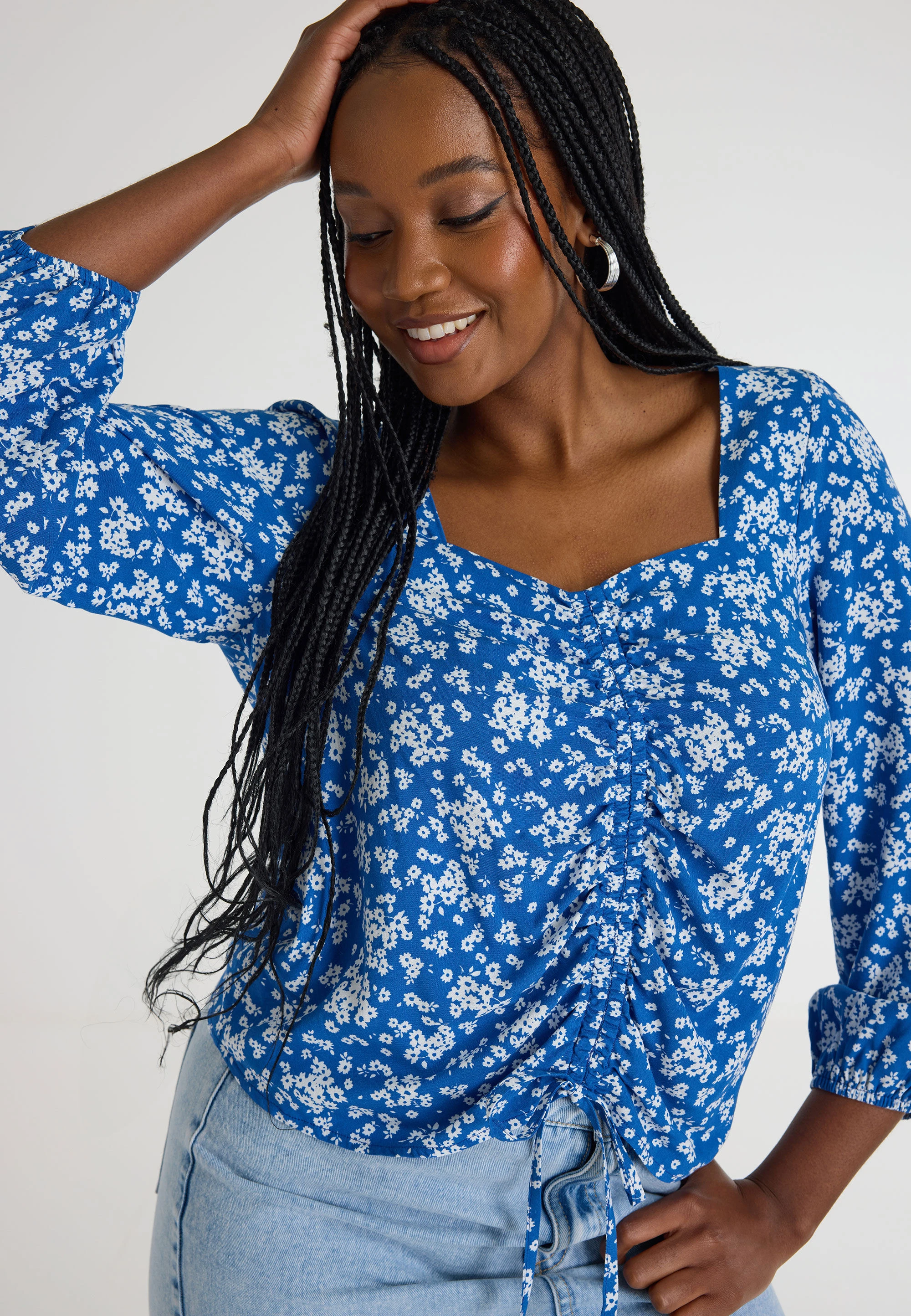 Womens Blue Ditsy Long Sleeve Tea Top