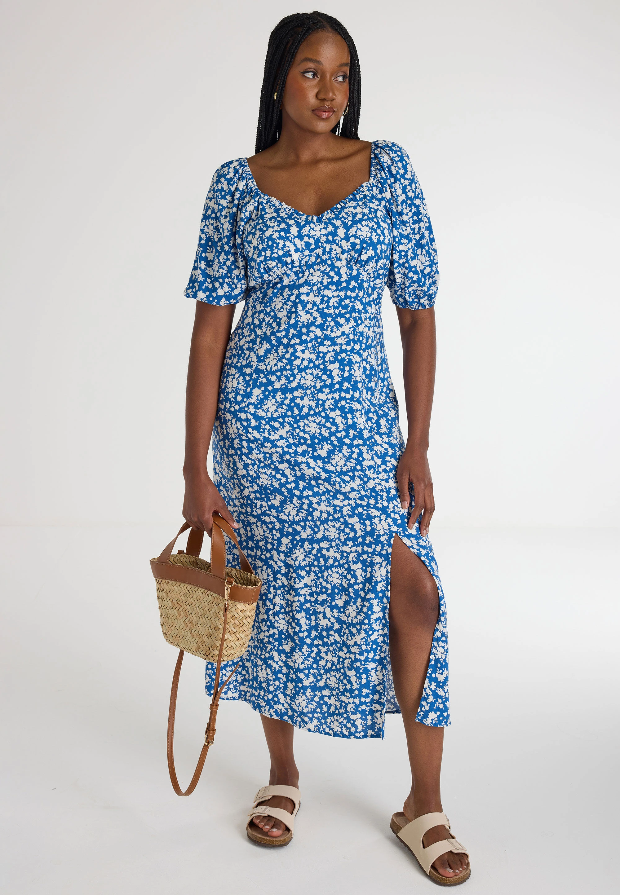 Womens Blue Ditsy Ruffle Edge Midi Dress