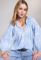 Womens Blue Floral Boho Shirred Blouse