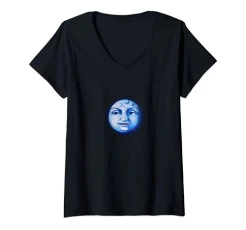 Womens Blue Moon Design Happy Moon Man V-Neck T-Shirt Womens Blue Moon Design Happy Moon Man V-Neck T-Shirt