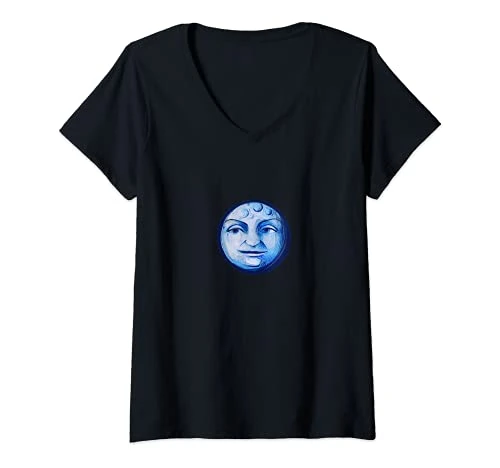 Womens Blue Moon Design Happy Moon Man V-Neck T-Shirt