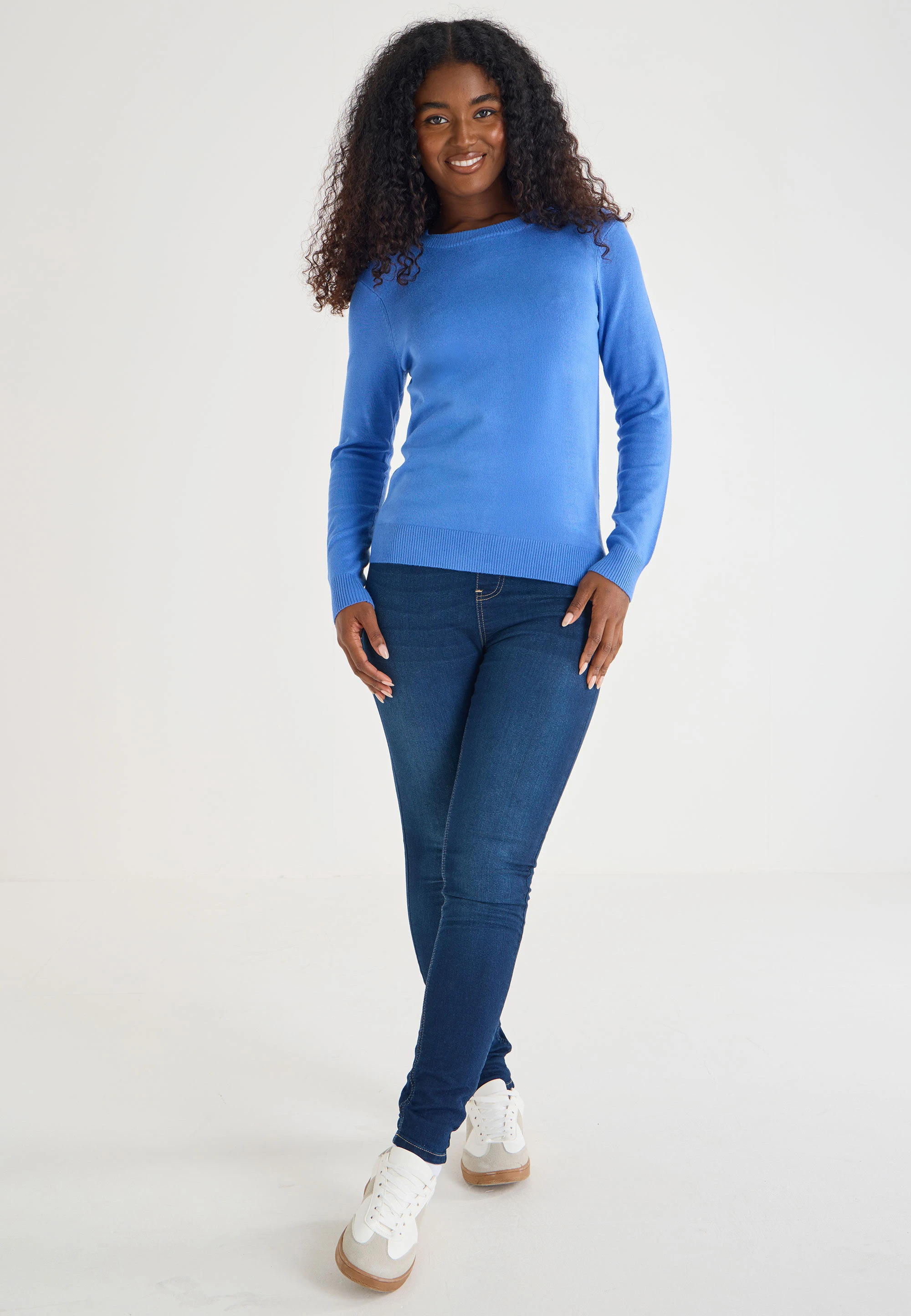 Womens Blue Plain Crew Neck Jumper
