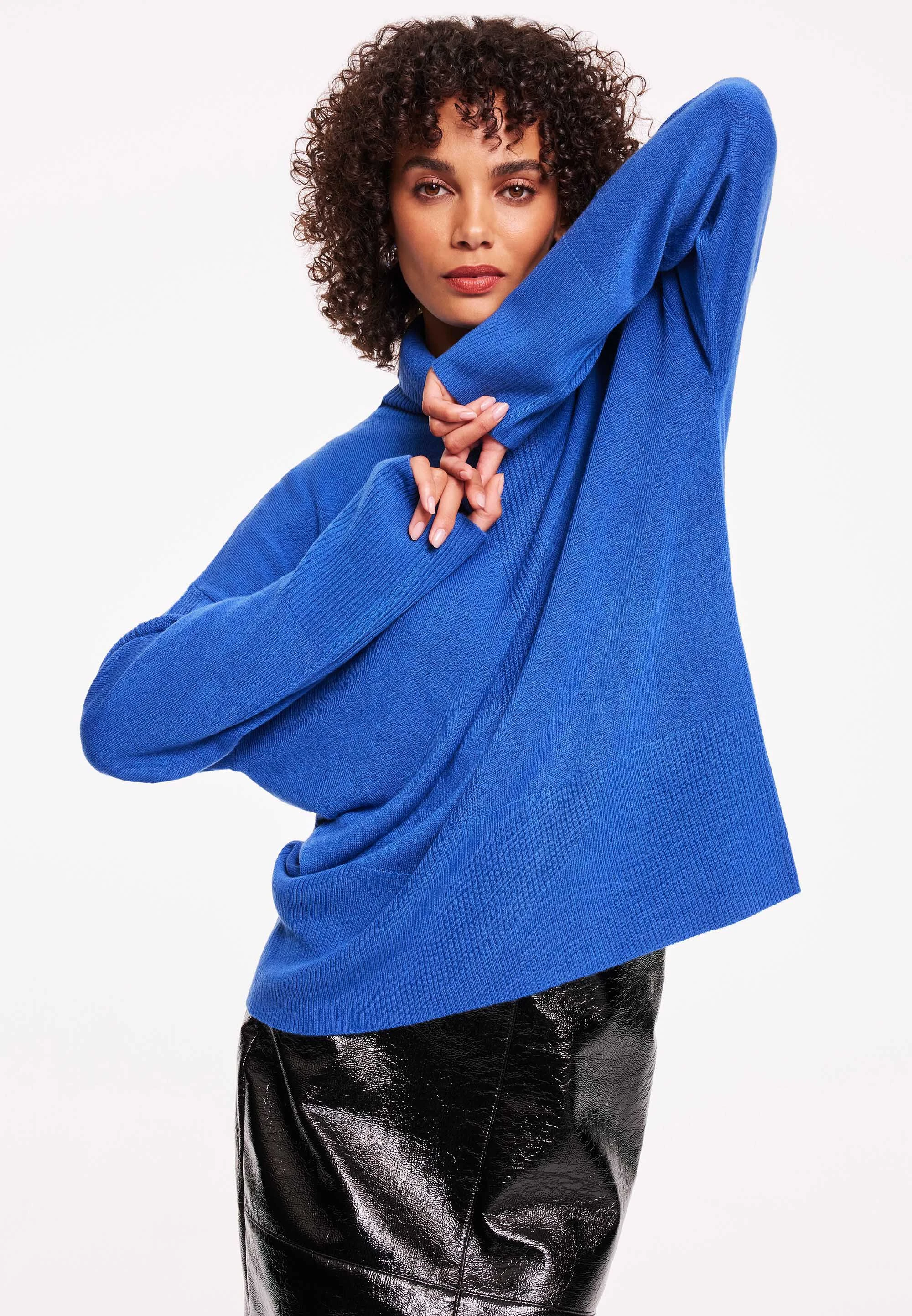 Womens Blue Plain Roll Neck Jumper