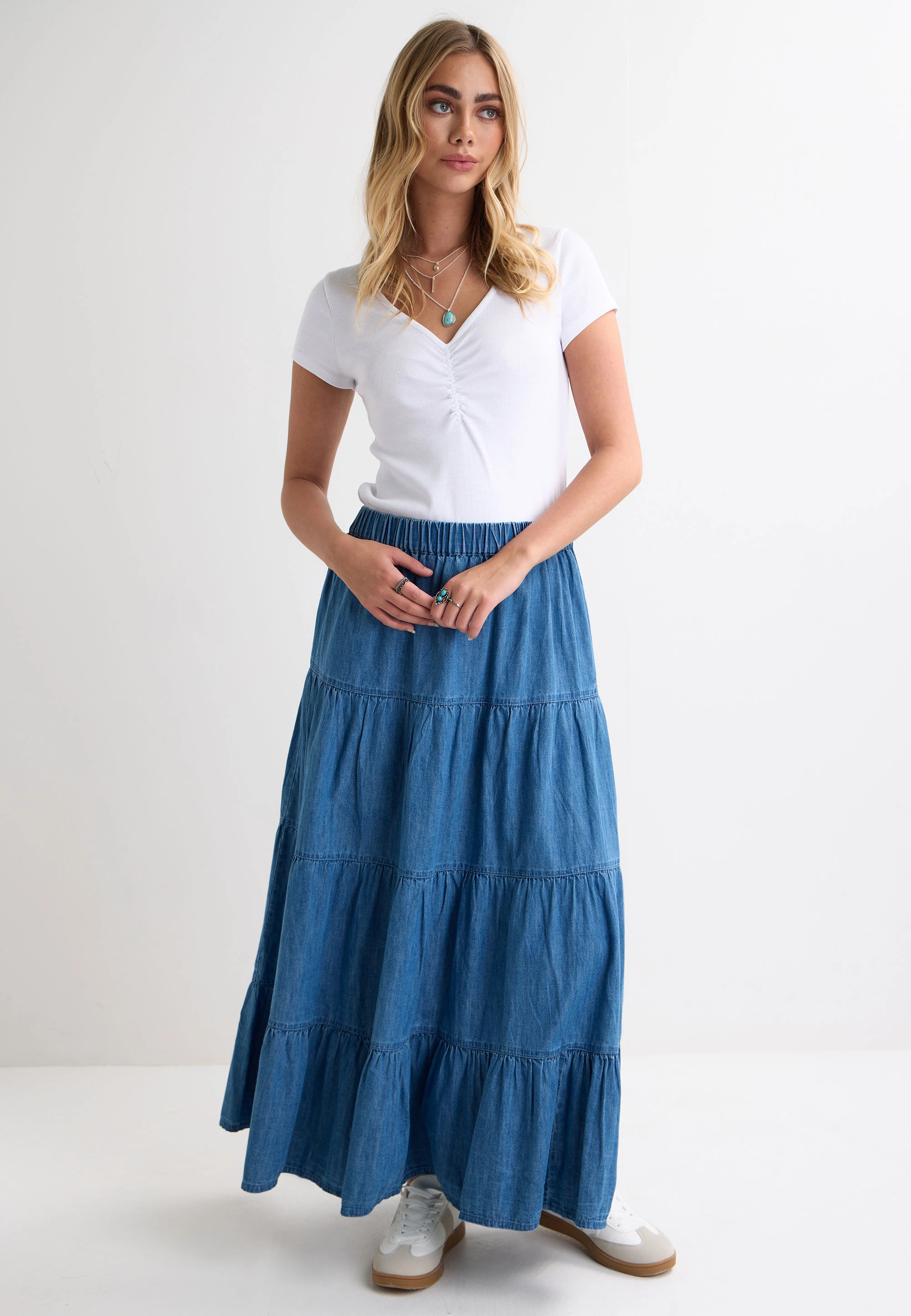 Womens Blue Plain Tencel Tiered Maxi Skirt