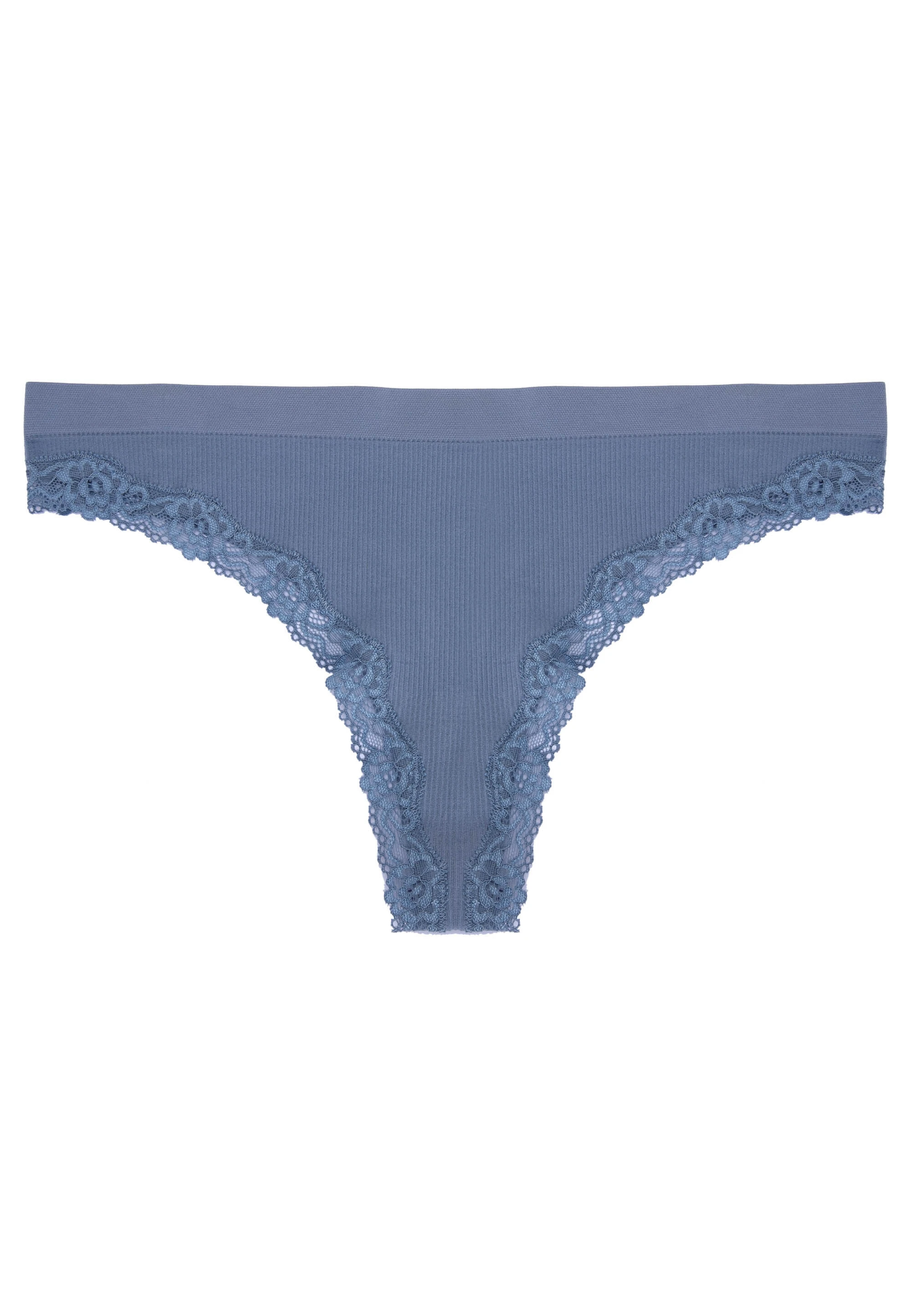 Womens Blue Ribbed Lace Trim Thong