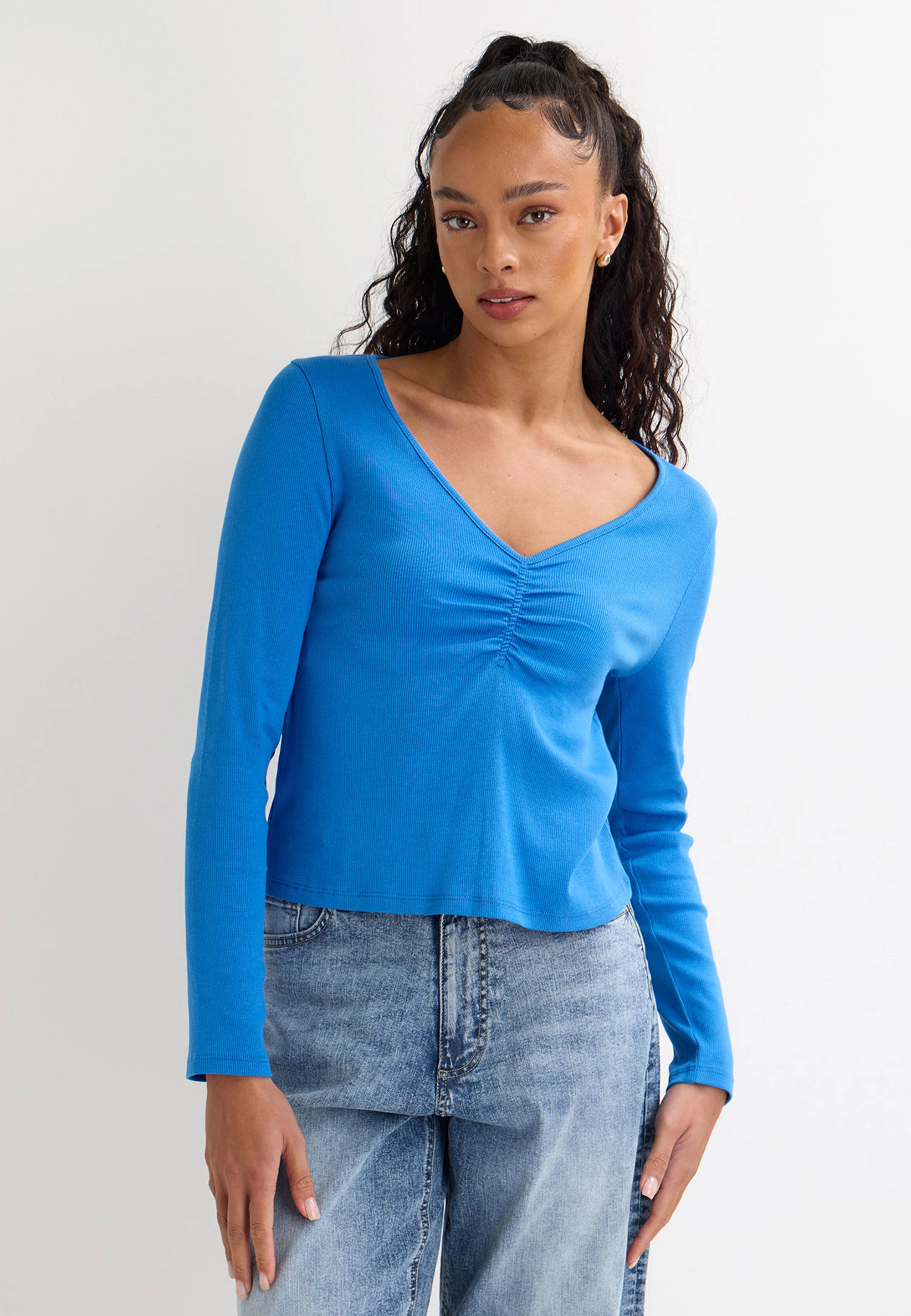 Womens Blue Ruched Long Sleeve Top